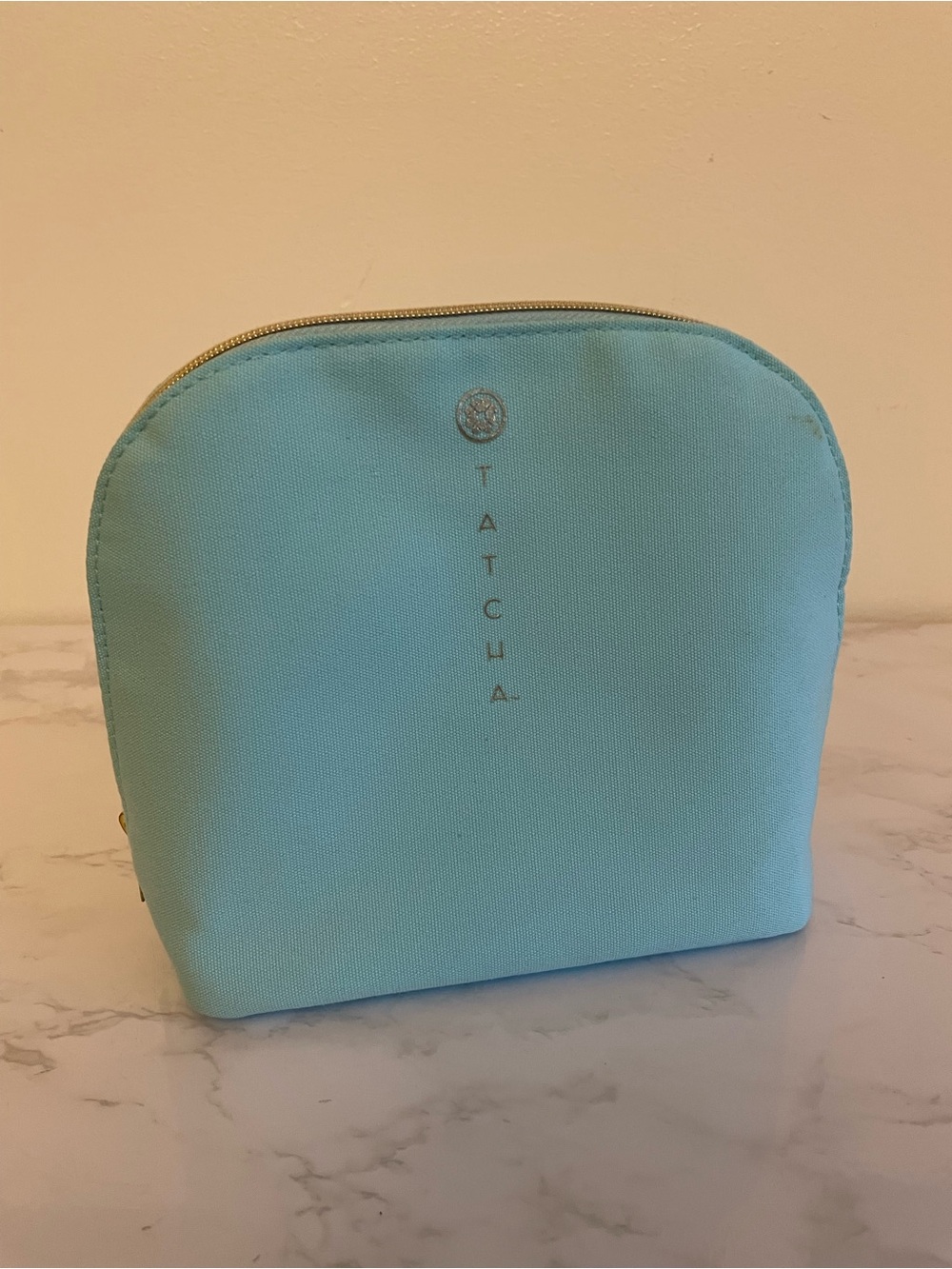 Tatcha Aqua Blue Canvas Makeup Pouch with Gold Accent